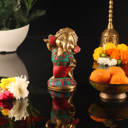 Baby Ganesha Dancing Brass Idol 5" Stonework - Budhshiv.com