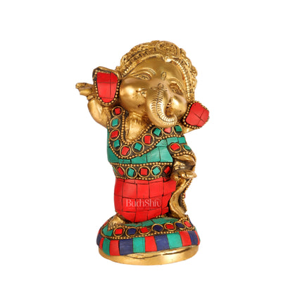 Baby Ganesha Dancing Brass Idol 5" Stonework - Budhshiv.com