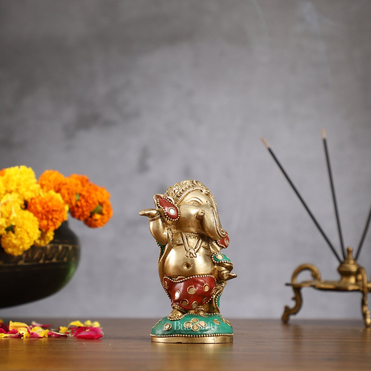 Baby Ganesha Dancing Brass Idol 5" Stonework - Budhshiv.com