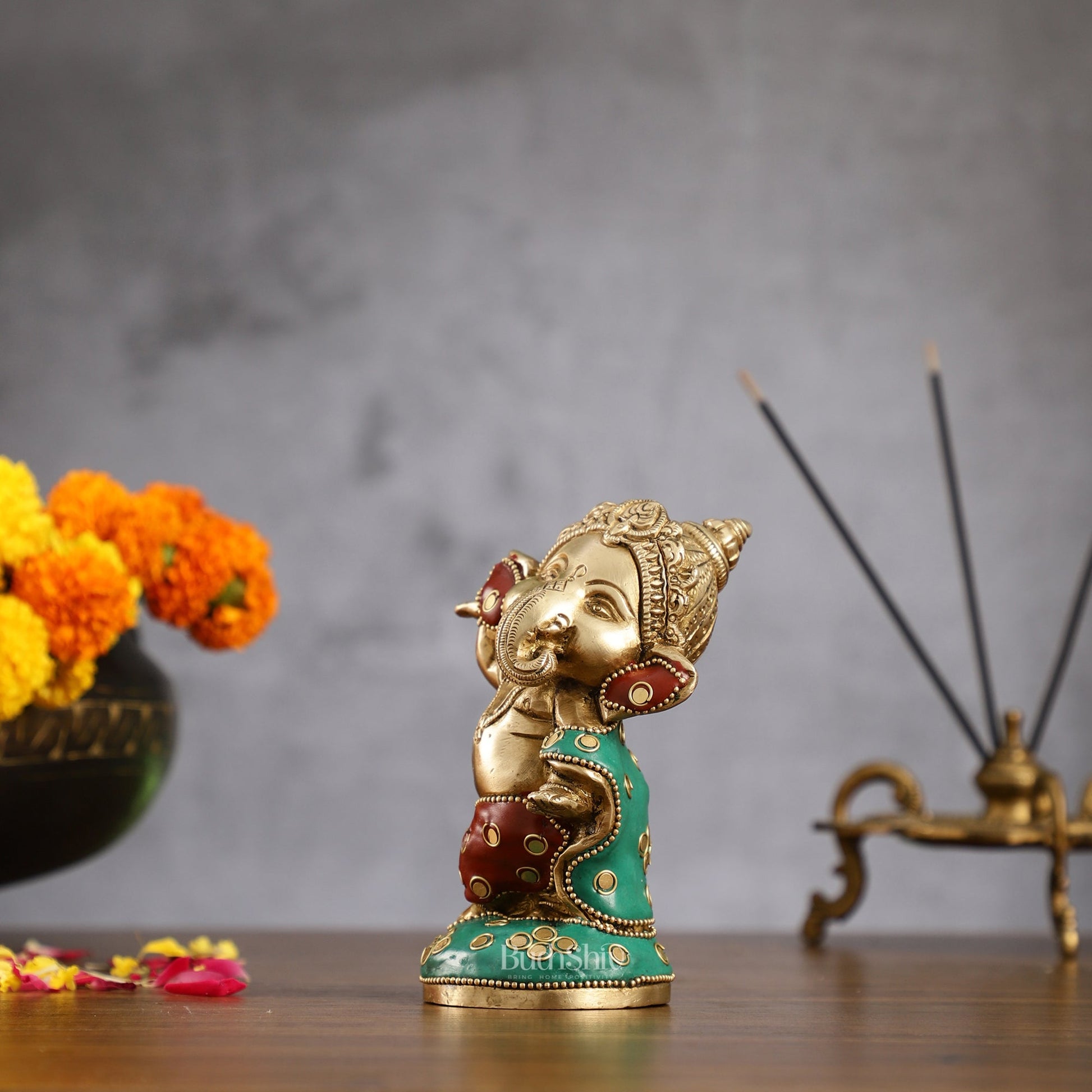 Baby Ganesha Dancing Brass Idol 5" Stonework - Budhshiv.com