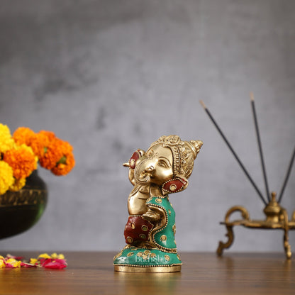 Baby Ganesha Dancing Brass Idol 5" Stonework - Budhshiv.com