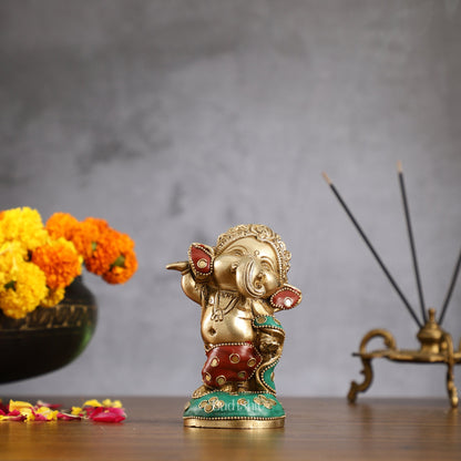 Baby Ganesha Dancing Brass Idol 5" Stonework - Budhshiv.com