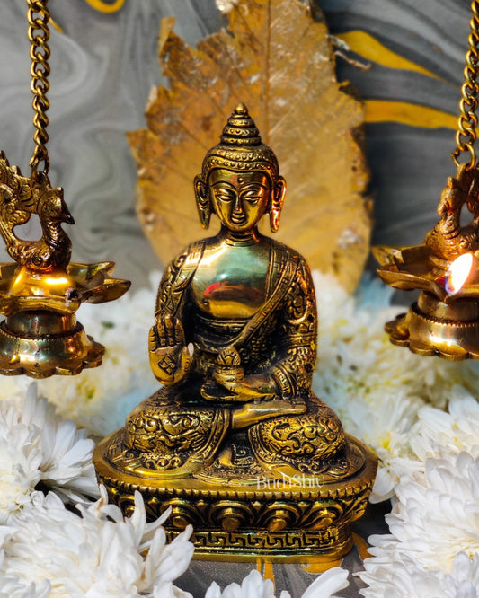 Beautiful Brass Blessing Buddha Statue | Abhaya Mudra/Aashirwaad Mudra | 7" x 4" - Budhshiv.com