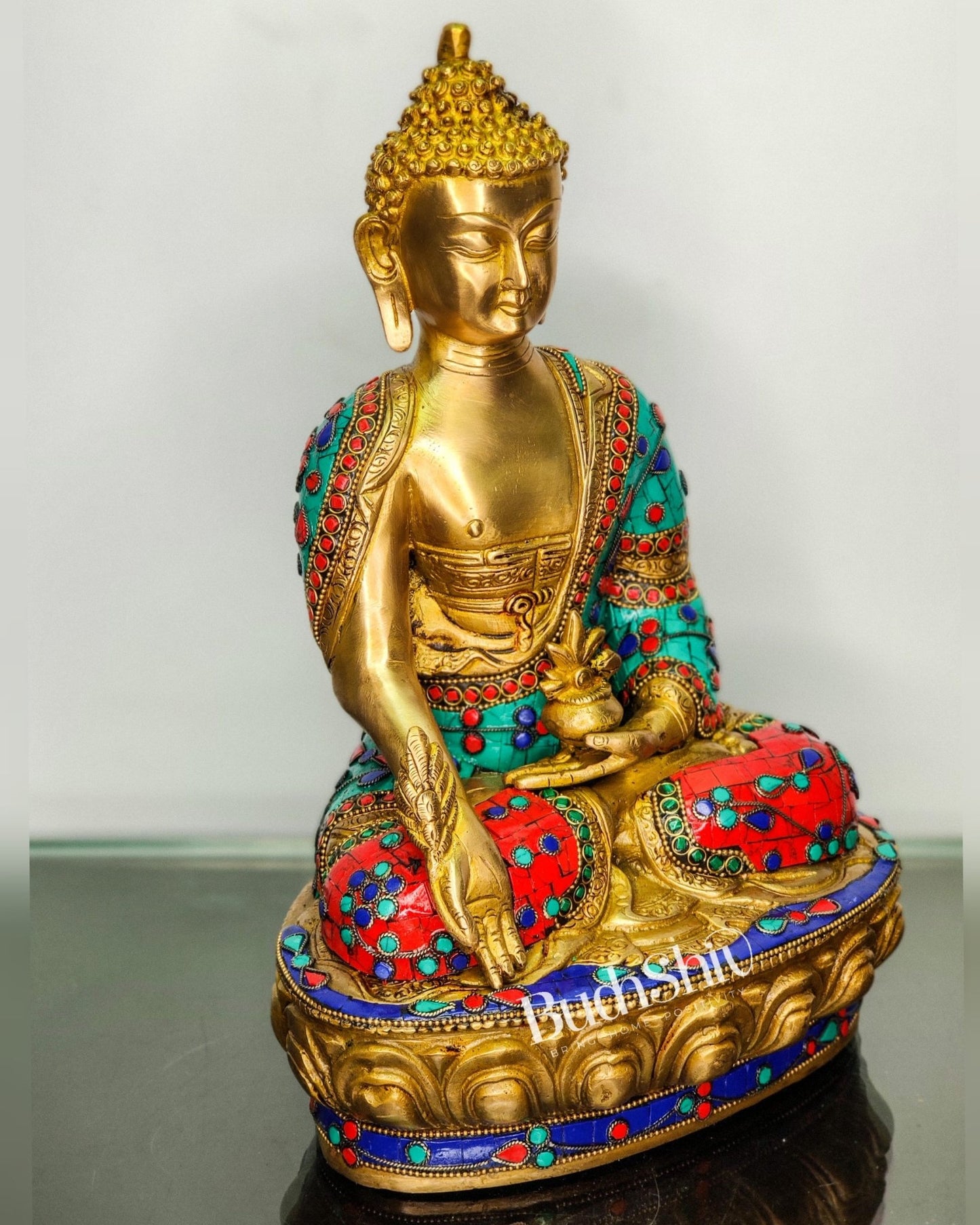 Beautiful Brass Buddha Statue with Stonework | Varada Mudra | 12 inches Height - Budhshiv.com