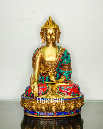 Beautiful Brass Buddha Statue with Stonework | Varada Mudra | 12 inches Height - Budhshiv.com