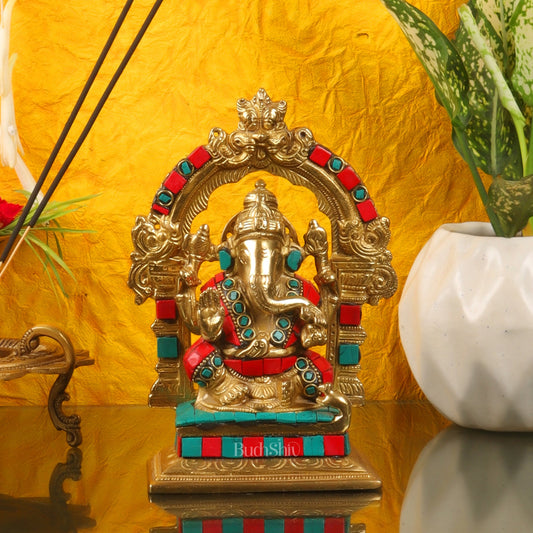 Beautiful Brass Ganesha Statue with Attached Prabhavali and Stonework - 7" Height - Budhshiv.com