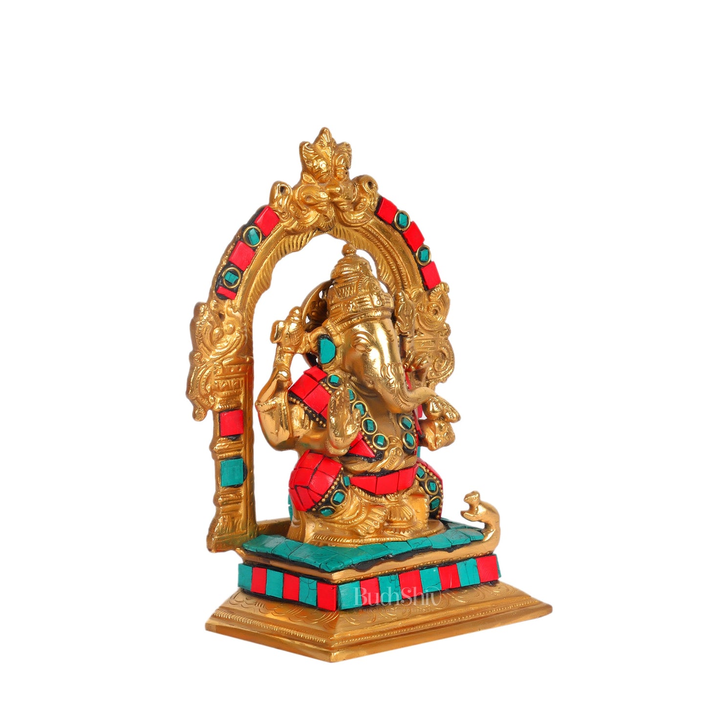 Beautiful Brass Ganesha Statue with Attached Prabhavali and Stonework - 7" Height - Budhshiv.com
