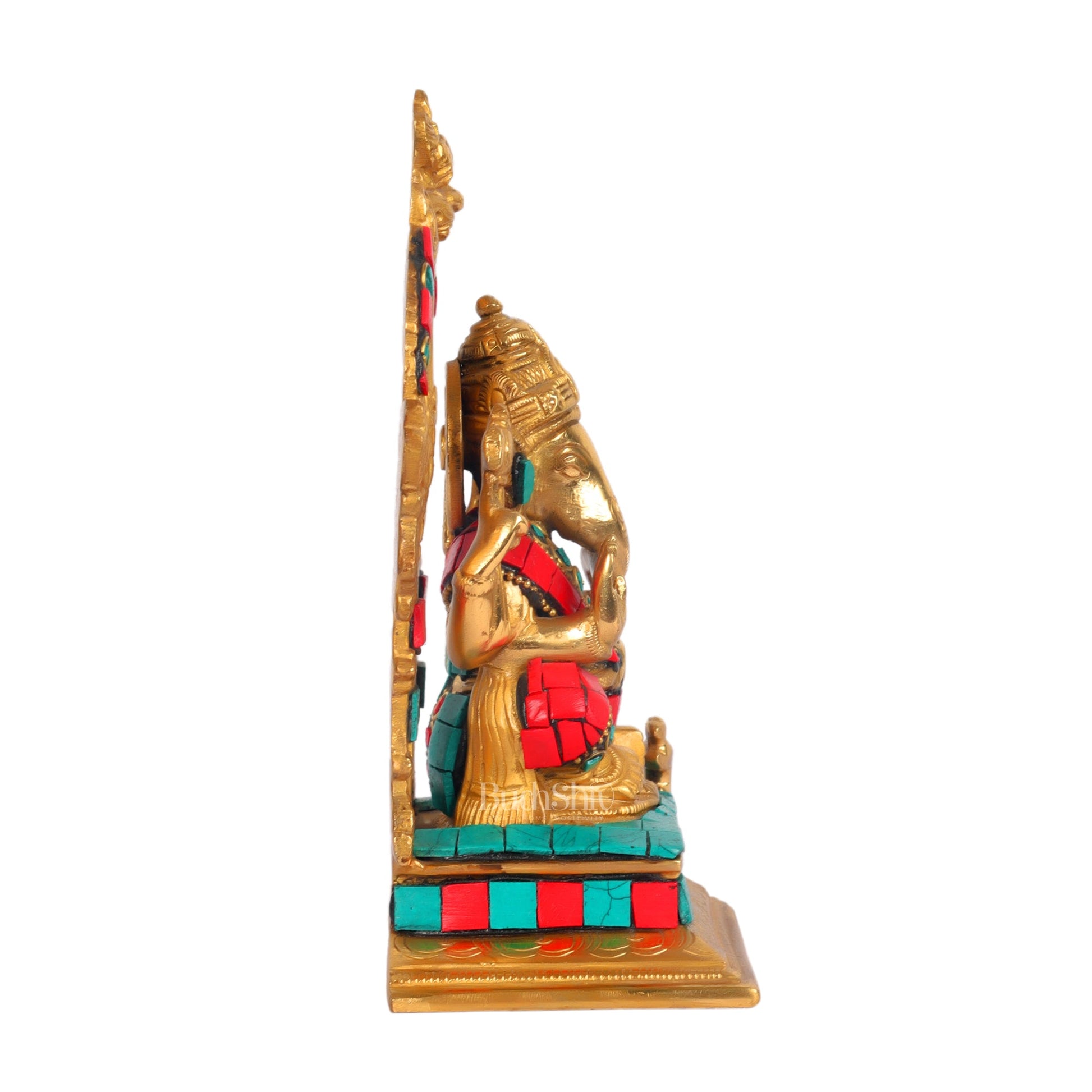Beautiful Brass Ganesha Statue with Attached Prabhavali and Stonework - 7" Height - Budhshiv.com