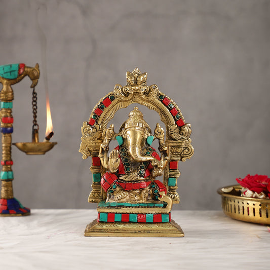 Beautiful Brass Ganesha Statue with Attached Prabhavali and Stonework - 7" - Budhshiv.com