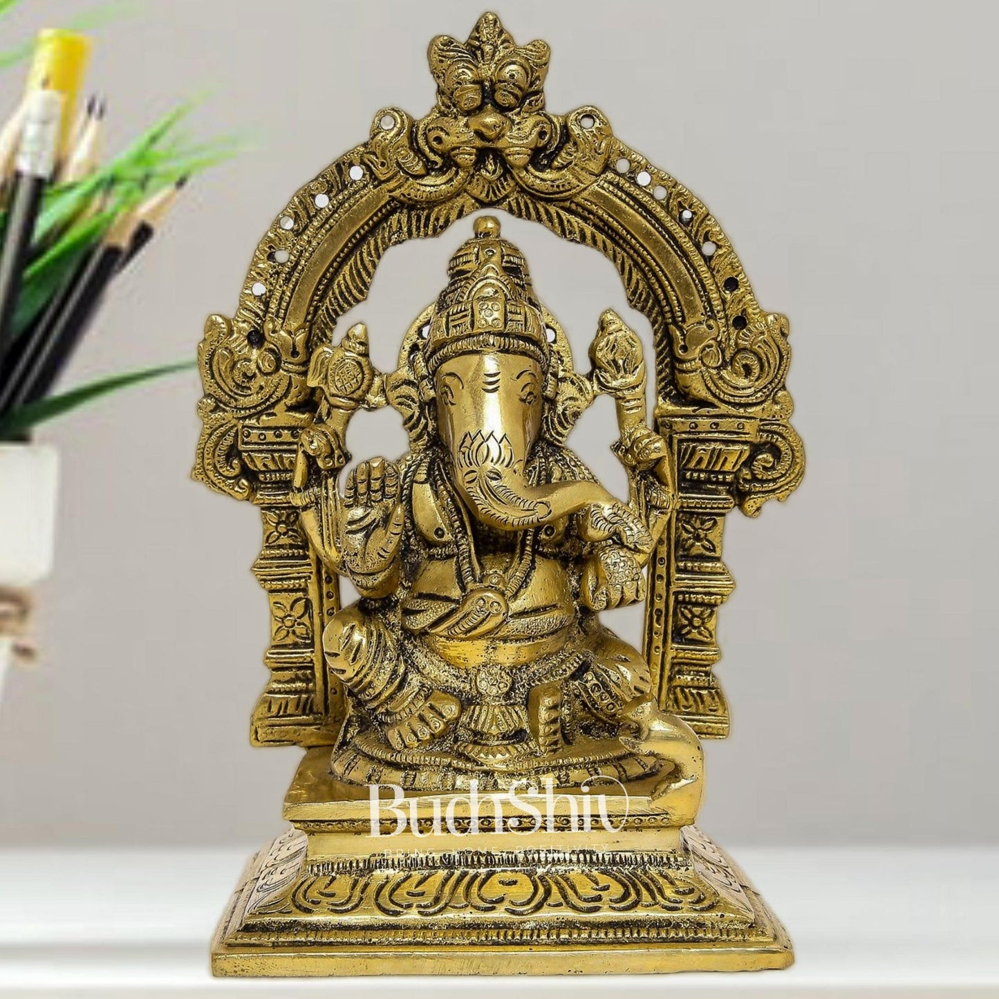 Beautiful Brass Ganesha Statue with Prabhavali - Divine Seated Idol 7" - Budhshiv.com
