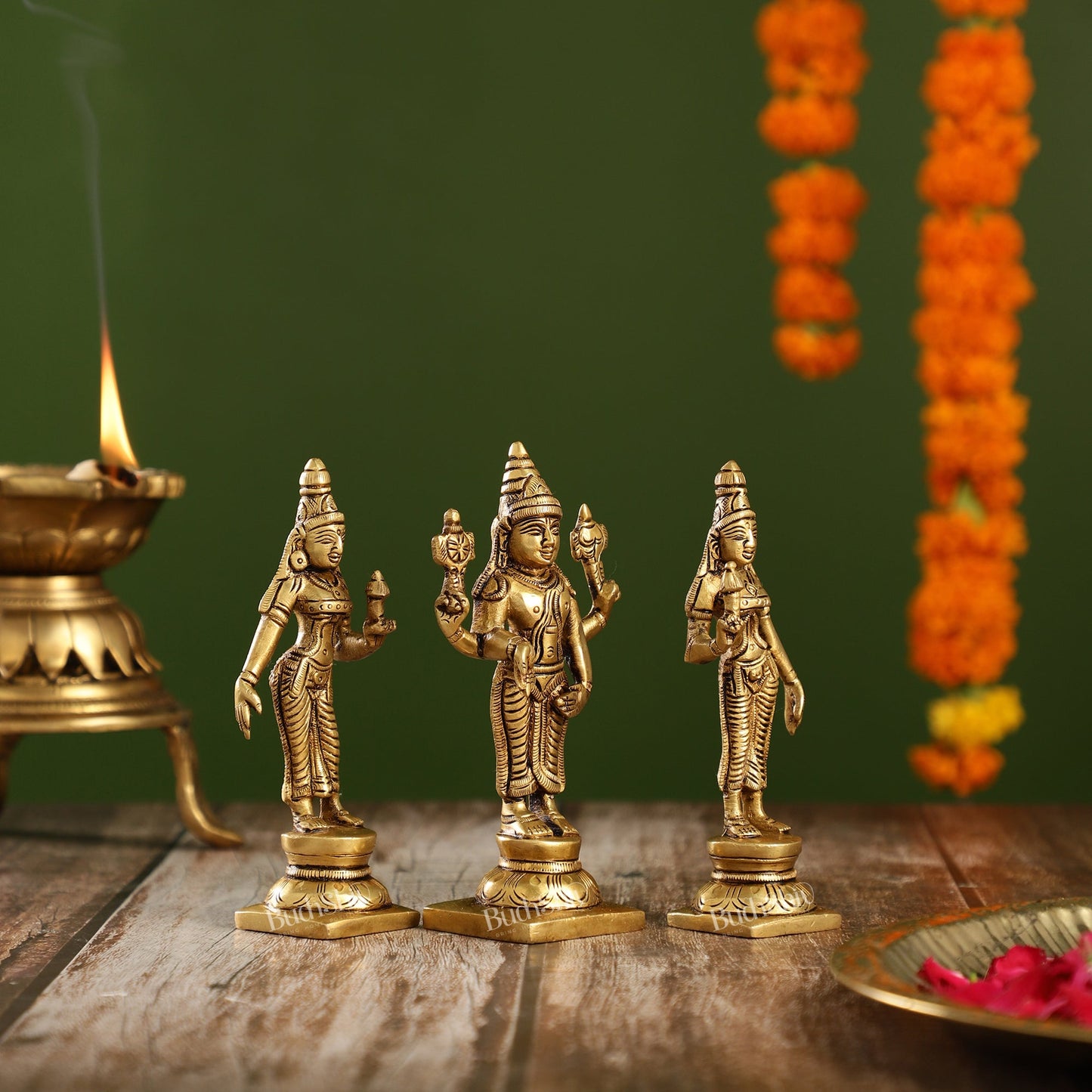Beautiful Brass Lord Balaji Statue with Bhudevi and Sridevi | 5" Height - Budhshiv.com