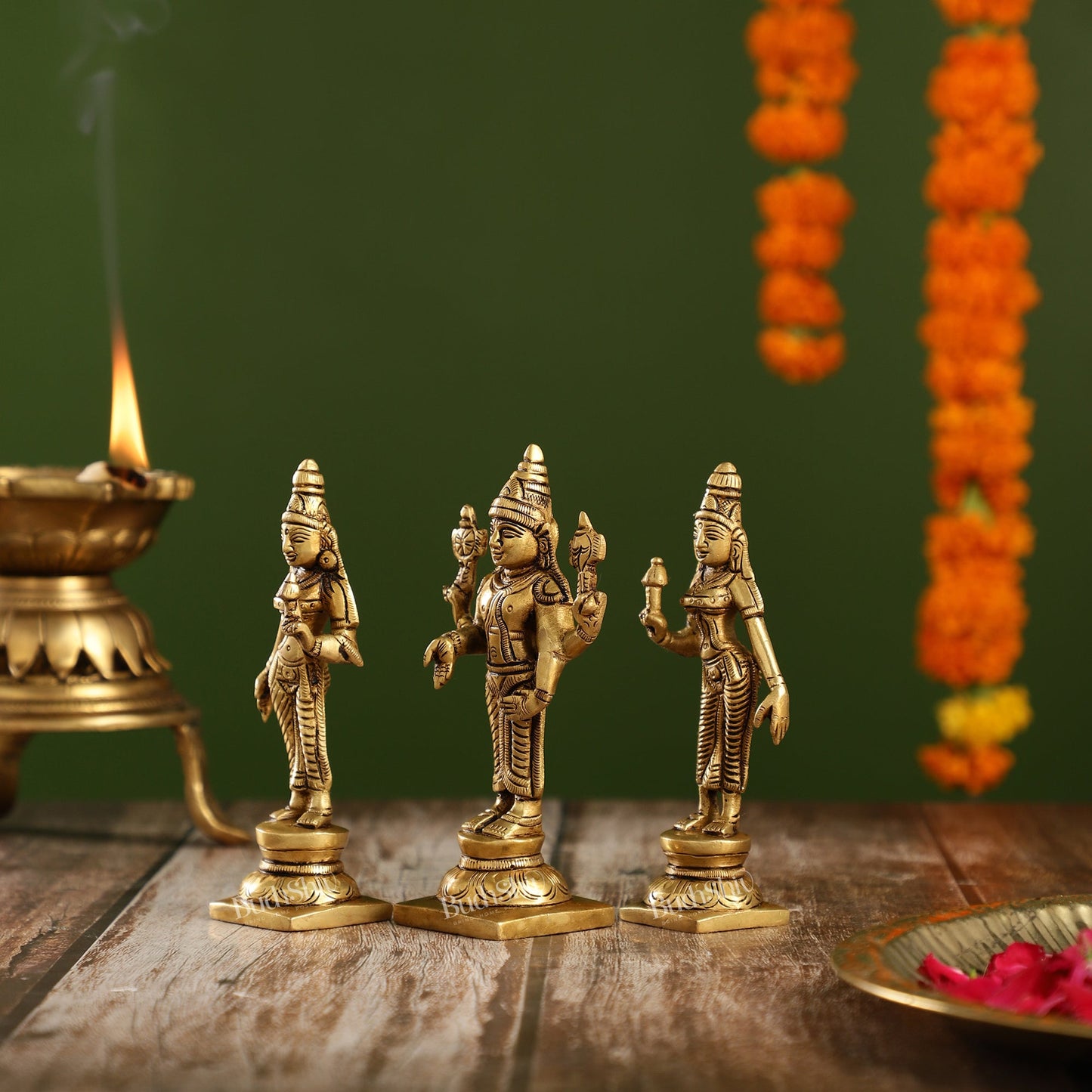 Beautiful Brass Lord Balaji Statue with Bhudevi and Sridevi | 5" Height - Budhshiv.com