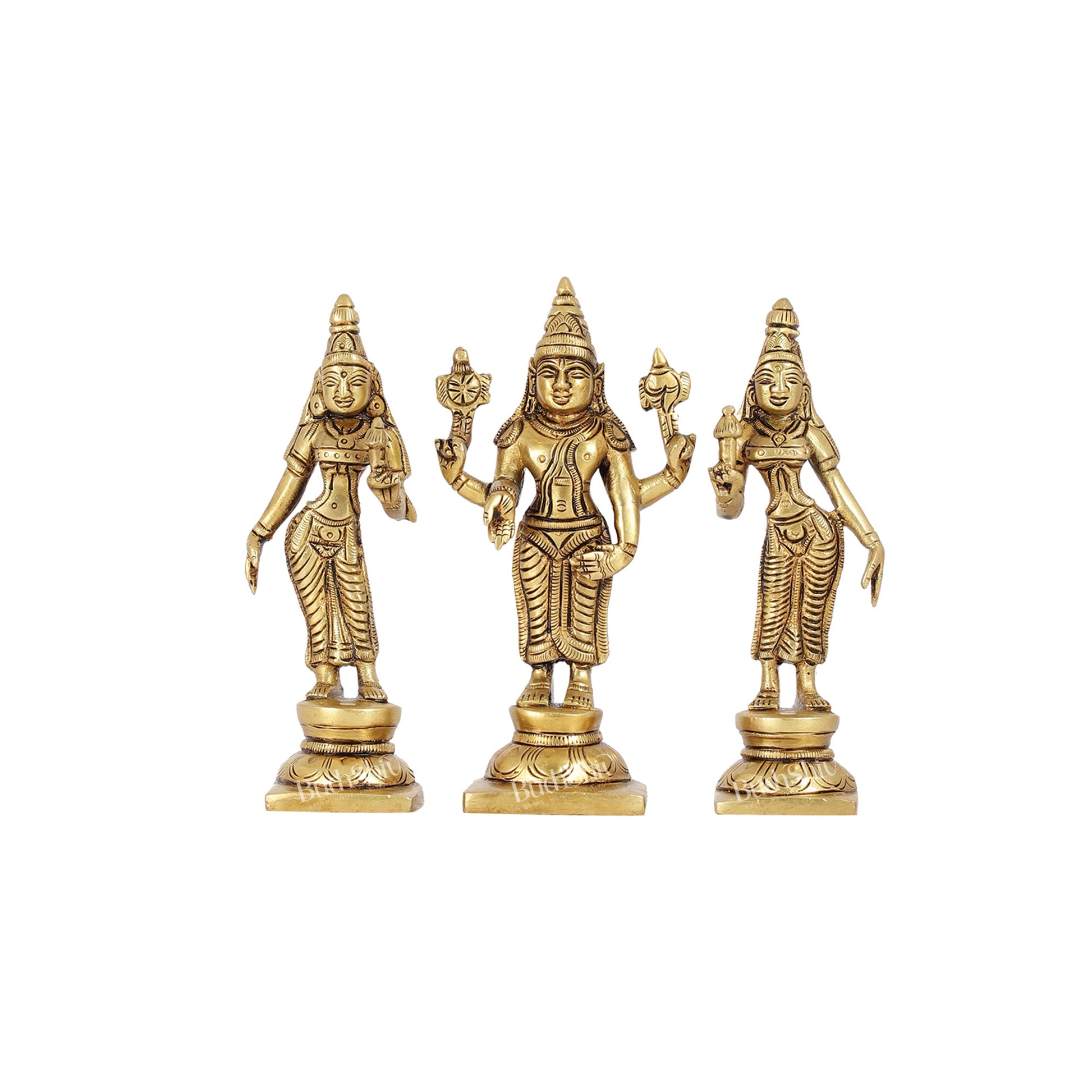 Beautiful Brass Lord Balaji Statue with Bhudevi and Sridevi | 5" Height - Budhshiv.com