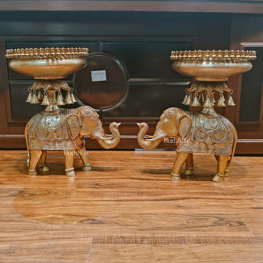 Beautiful Brass Urli with Engraved Elephant Pair set of 2 - Budhshiv.com