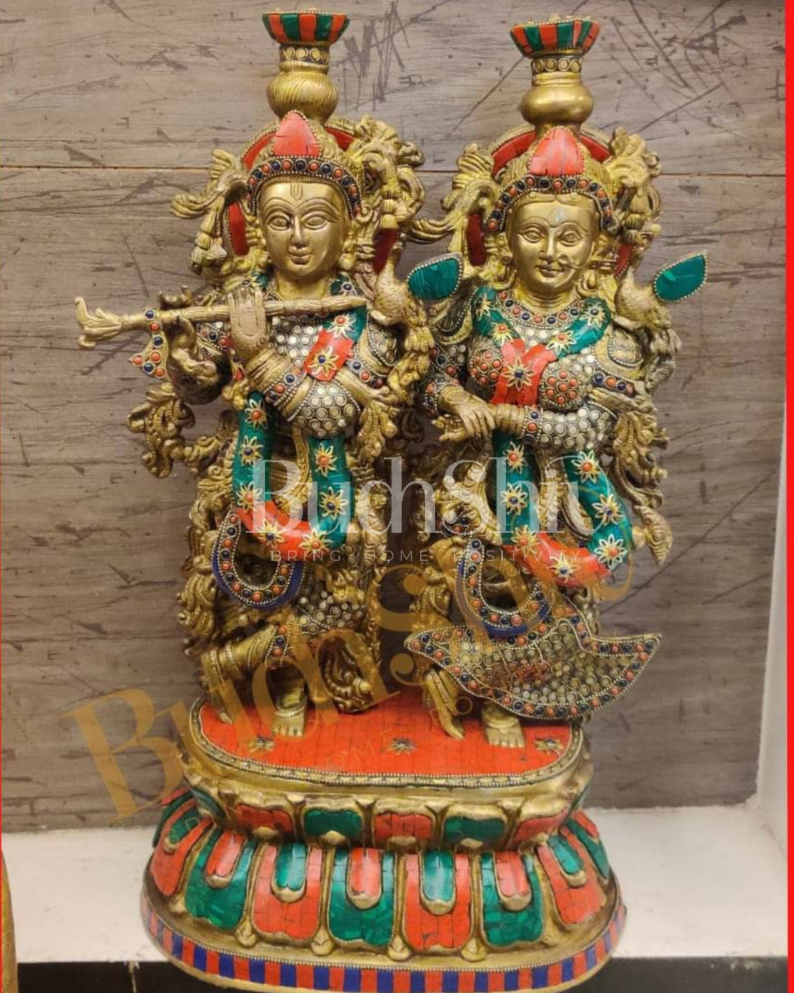 Beautiful Handcrafted Radha Krishna Brass Statue with Inlay Work 21 inch - Budhshiv.com