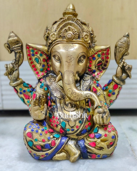 Beautiful Taj Ganesha Statue Handcrafted in Fine Brass with Stonework 9 inches - Budhshiv.com