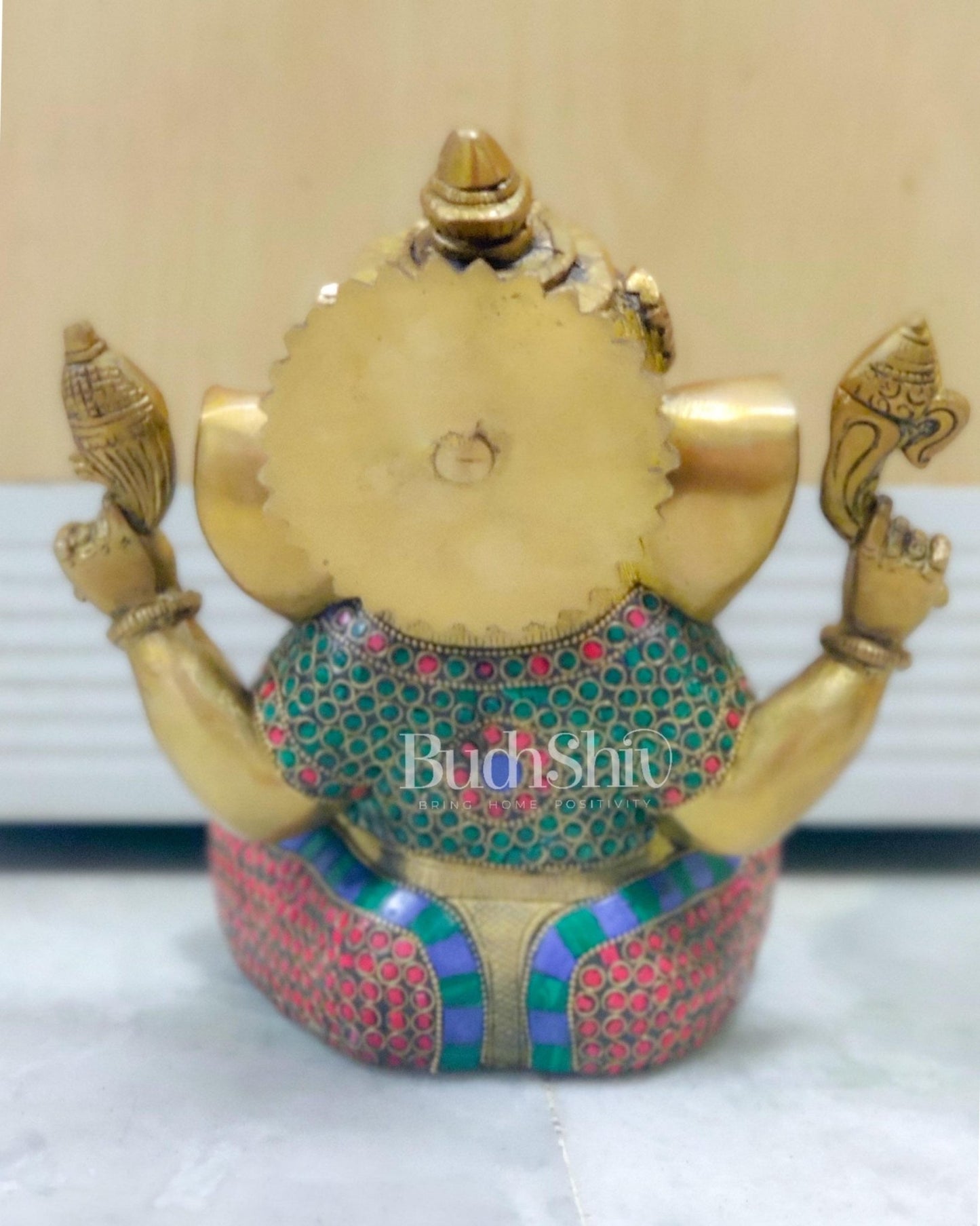 Beautiful Taj Ganesha Statue Handcrafted in Fine Brass with Stonework 9 inches - Budhshiv.com