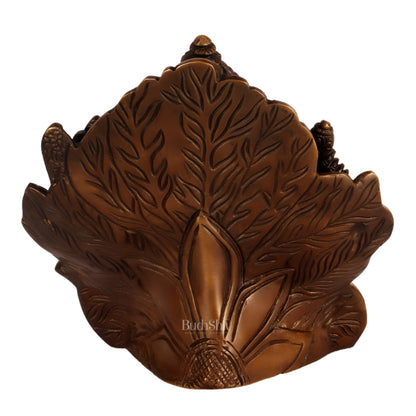 Beautifully Handcrafted Brass Ganapathi Statue Seated on Leaf Throne - 7" Height - Budhshiv.com