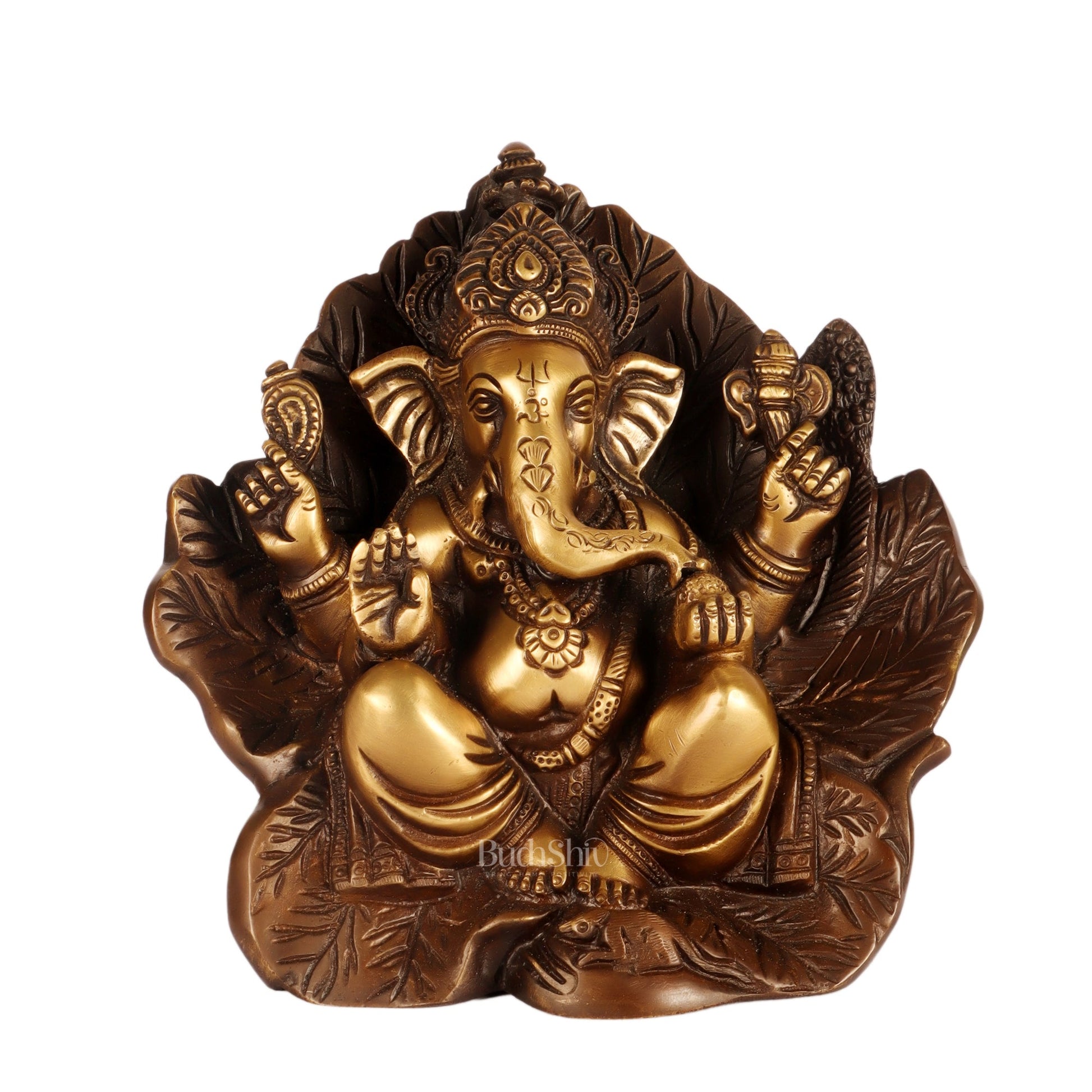 Beautifully Handcrafted Brass Ganapathi Statue Seated on Leaf Throne - 7" Height - Budhshiv.com