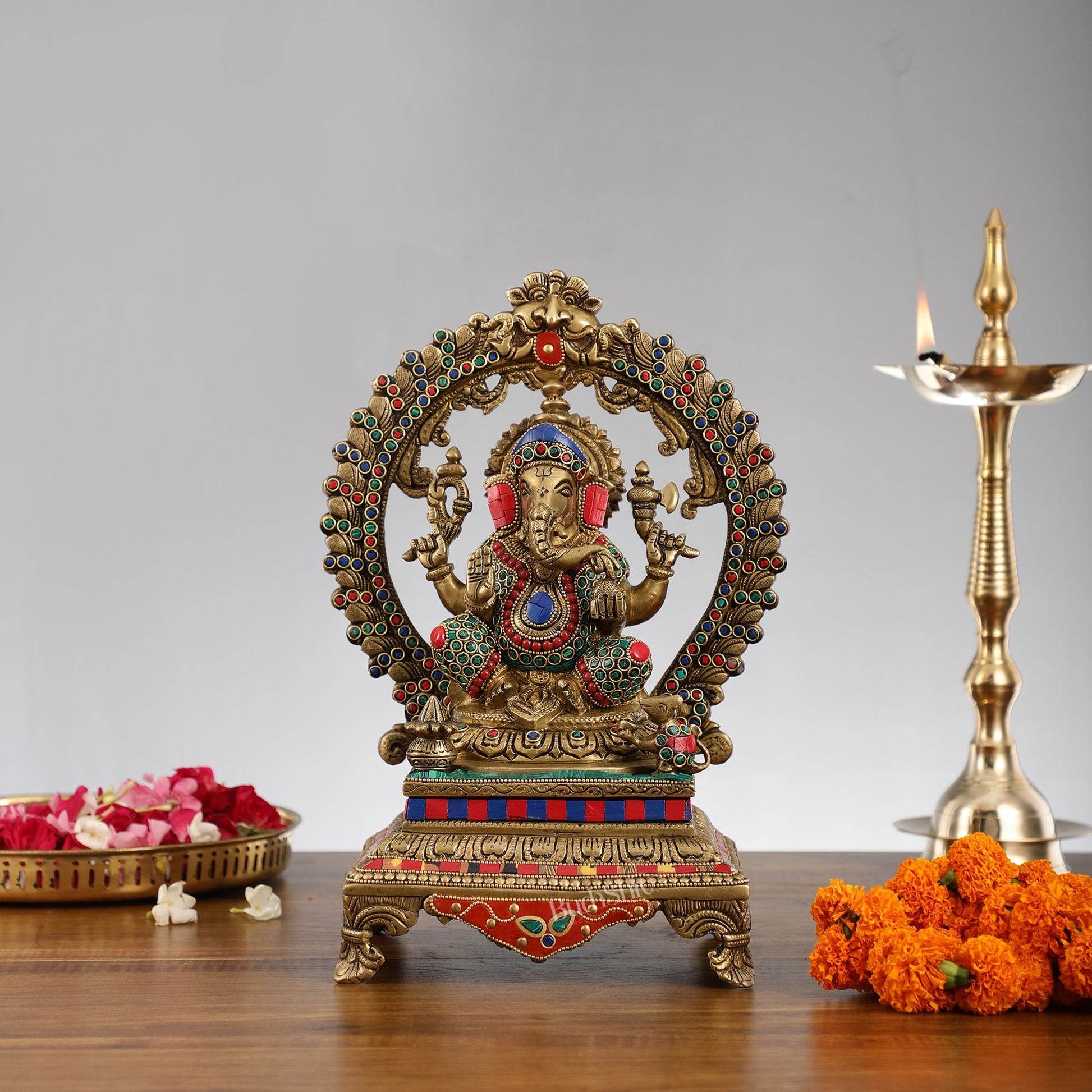 Beautifully Handcrafted Ganesha Statue on Throne with Yali Prabhavali 14" Stonework - Budhshiv.com