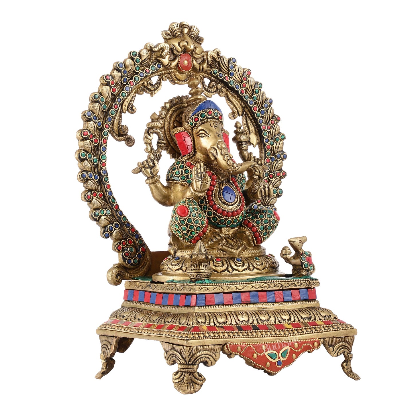 Beautifully Handcrafted Ganesha Statue on Throne with Yali Prabhavali 14" Stonework - Budhshiv.com