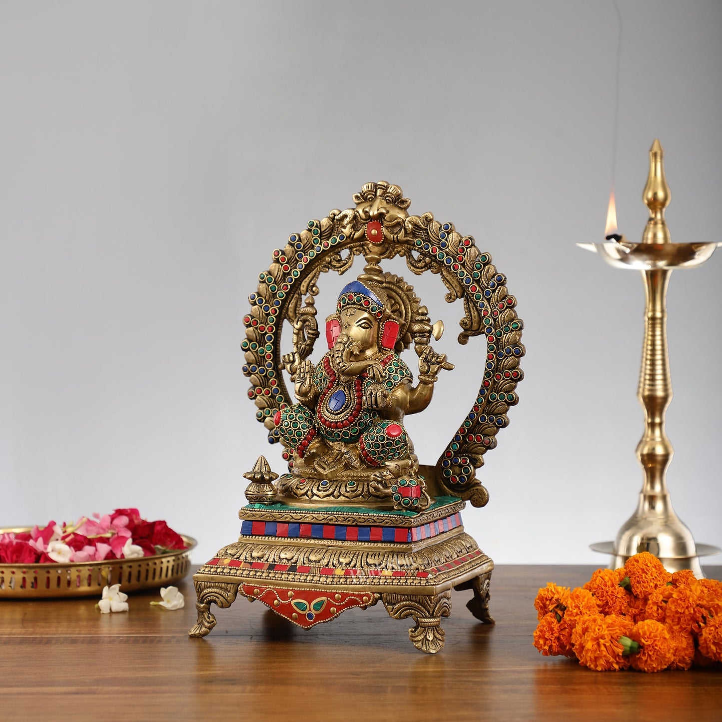 Beautifully Handcrafted Ganesha Statue on Throne with Yali Prabhavali 14" Stonework - Budhshiv.com