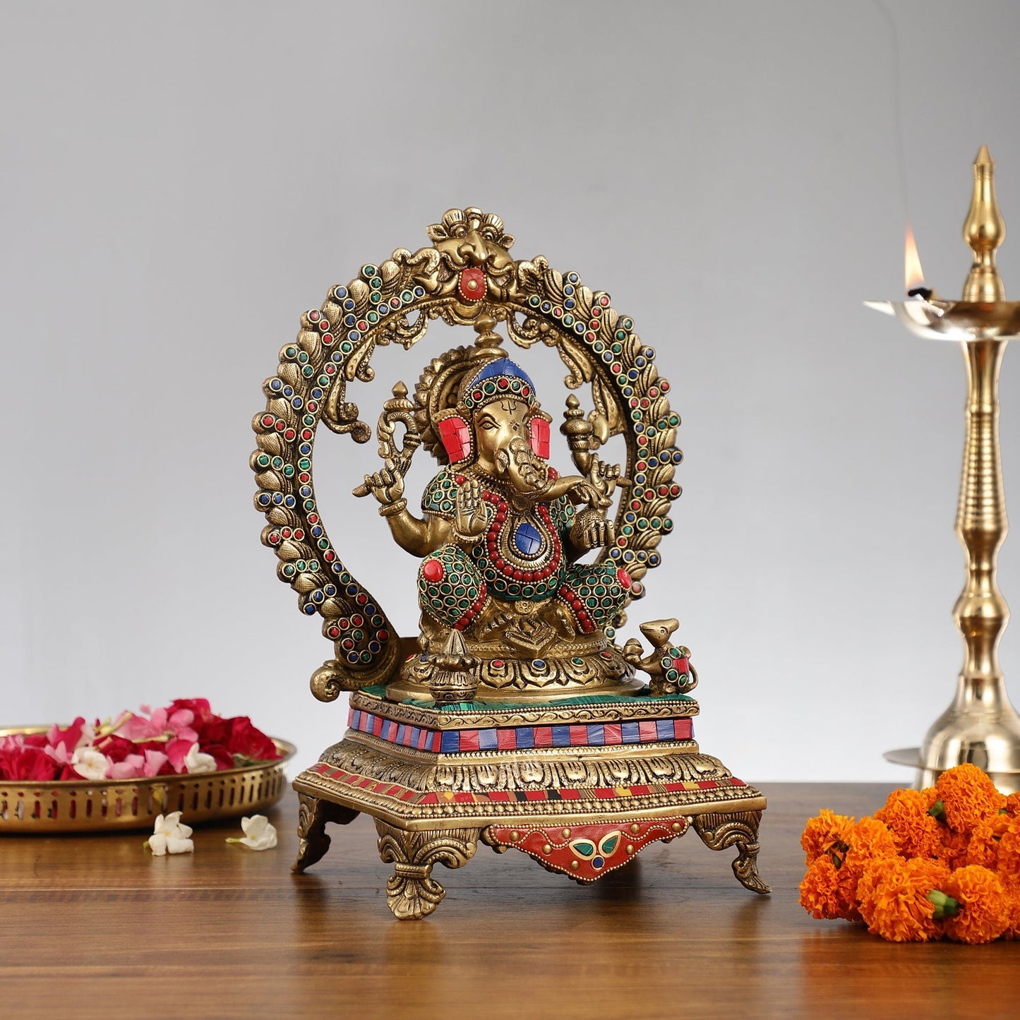 Beautifully Handcrafted Ganesha Statue on Throne with Yali Prabhavali 14" Stonework - Budhshiv.com