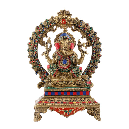 Beautifully Handcrafted Ganesha Statue on Throne with Yali Prabhavali 14" Stonework - Budhshiv.com