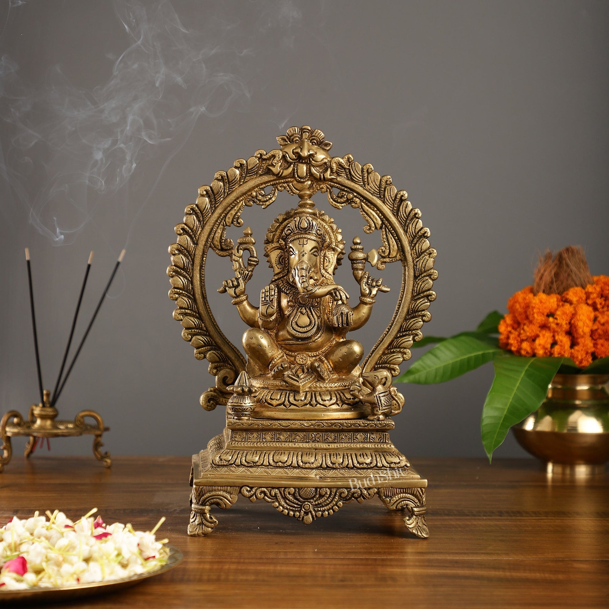 Beautifully Handcrafted Ganesha Statue on Throne with Yali Prabhavali 14" - Budhshiv.com