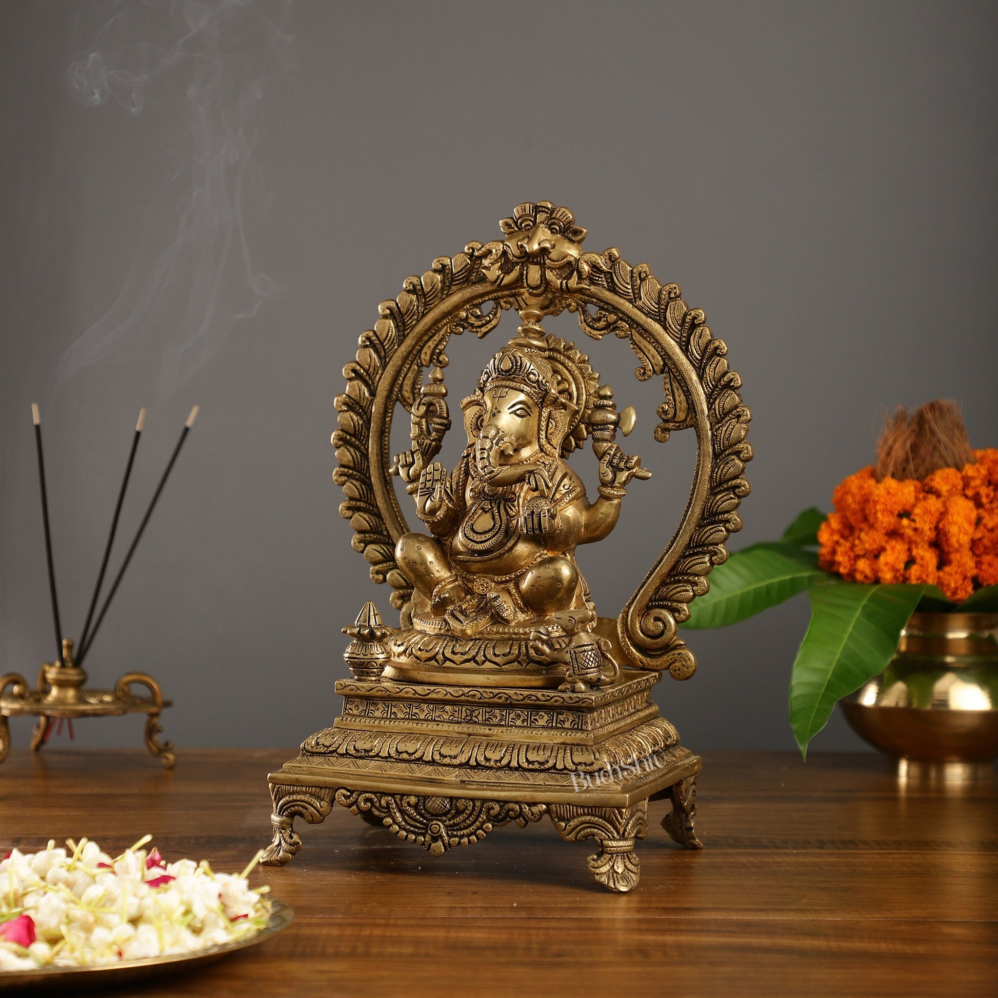 Beautifully Handcrafted Ganesha Statue on Throne with Yali Prabhavali 14" - Budhshiv.com