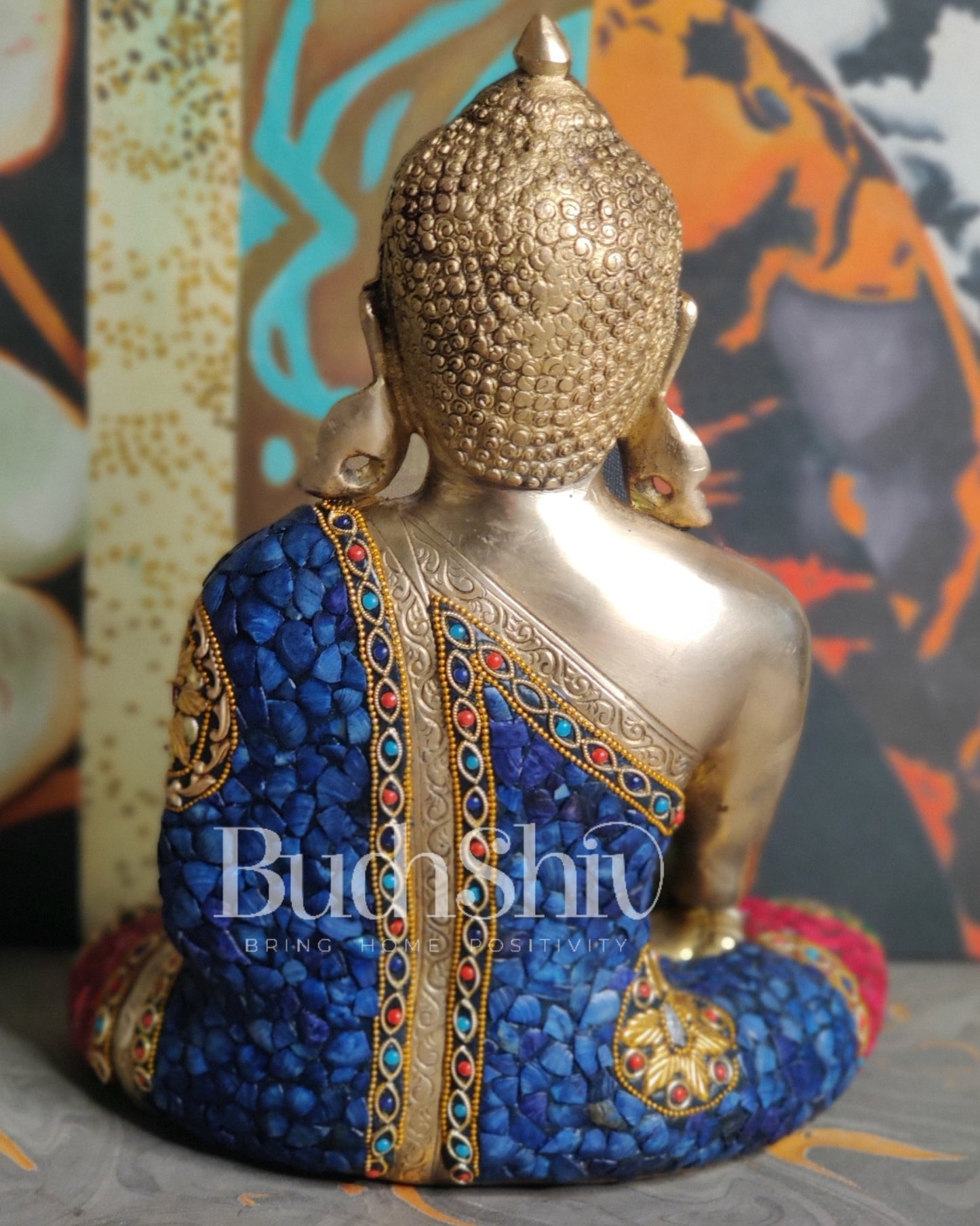 Bhumisparsa Mudra: Buddha Brass Idol with Gemstone Cutwork 12 inch - Budhshiv.com