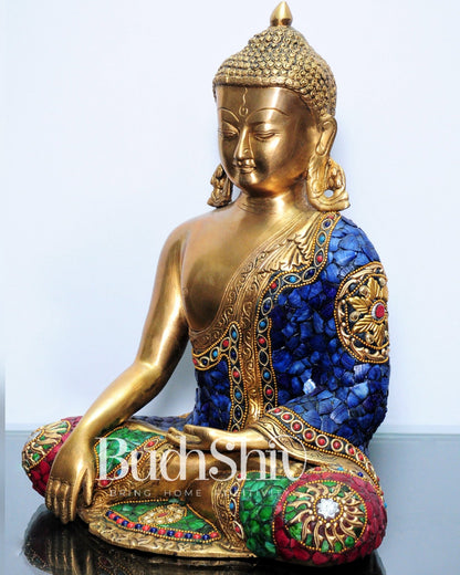 Bhumisparsa Mudra: Buddha Brass Idol with Gemstone Cutwork 12 inch - Budhshiv.com