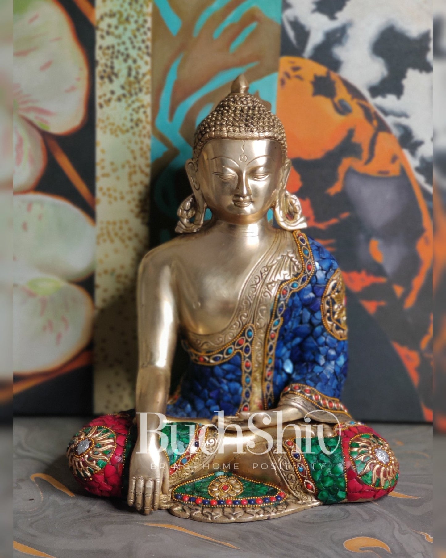 Bhumisparsa Mudra: Buddha Brass Idol with Gemstone Cutwork 12 inch - Budhshiv.com