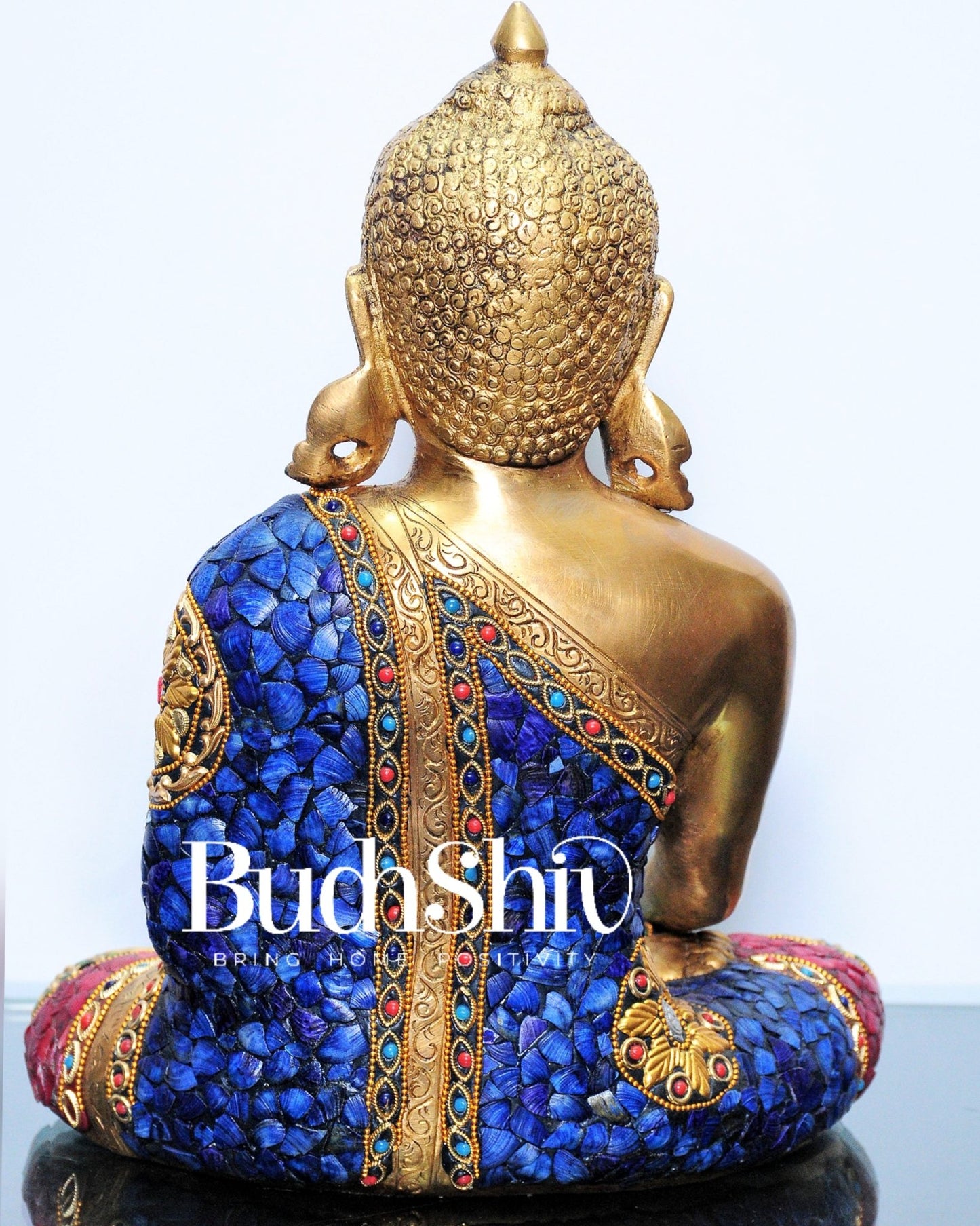 Bhumisparsa Mudra: Buddha Brass Idol with Gemstone Cutwork 12 inch - Budhshiv.com