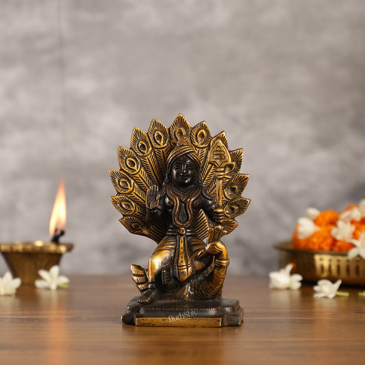 Black Antique Brass Superfine Kartikeya Lord Murugan Idol Seated on Peacock | Height 6 inch - Budhshiv.com