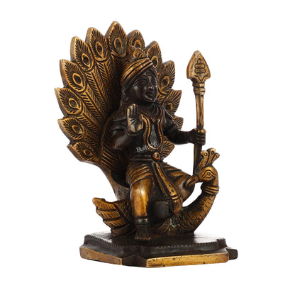 Black Antique Brass Superfine Kartikeya Lord Murugan Idol Seated on Peacock | Height 6 inch - Budhshiv.com