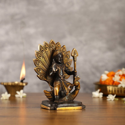 Black Antique Brass Superfine Kartikeya Lord Murugan Idol Seated on Peacock | Height 6 inch - Budhshiv.com