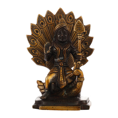 Black Antique Brass Superfine Kartikeya Lord Murugan Idol Seated on Peacock | Height 6 inch - Budhshiv.com