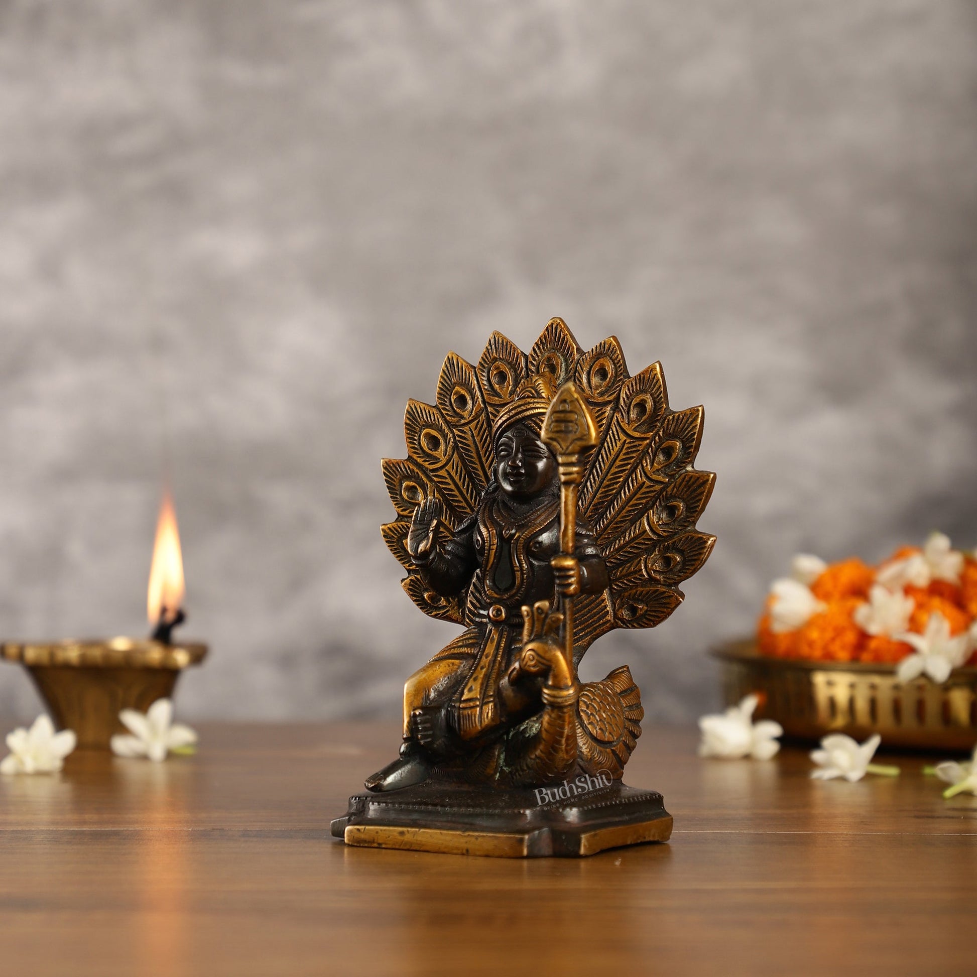 Black Antique Brass Superfine Kartikeya Lord Murugan Idol Seated on Peacock | Height 6 inch - Budhshiv.com