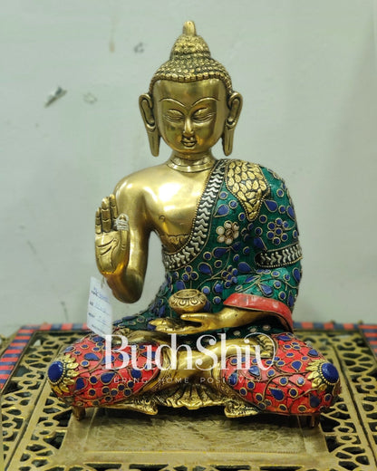 Blessing Buddha Brass Idol elevated with a tripod base 11 inches - Budhshiv.com