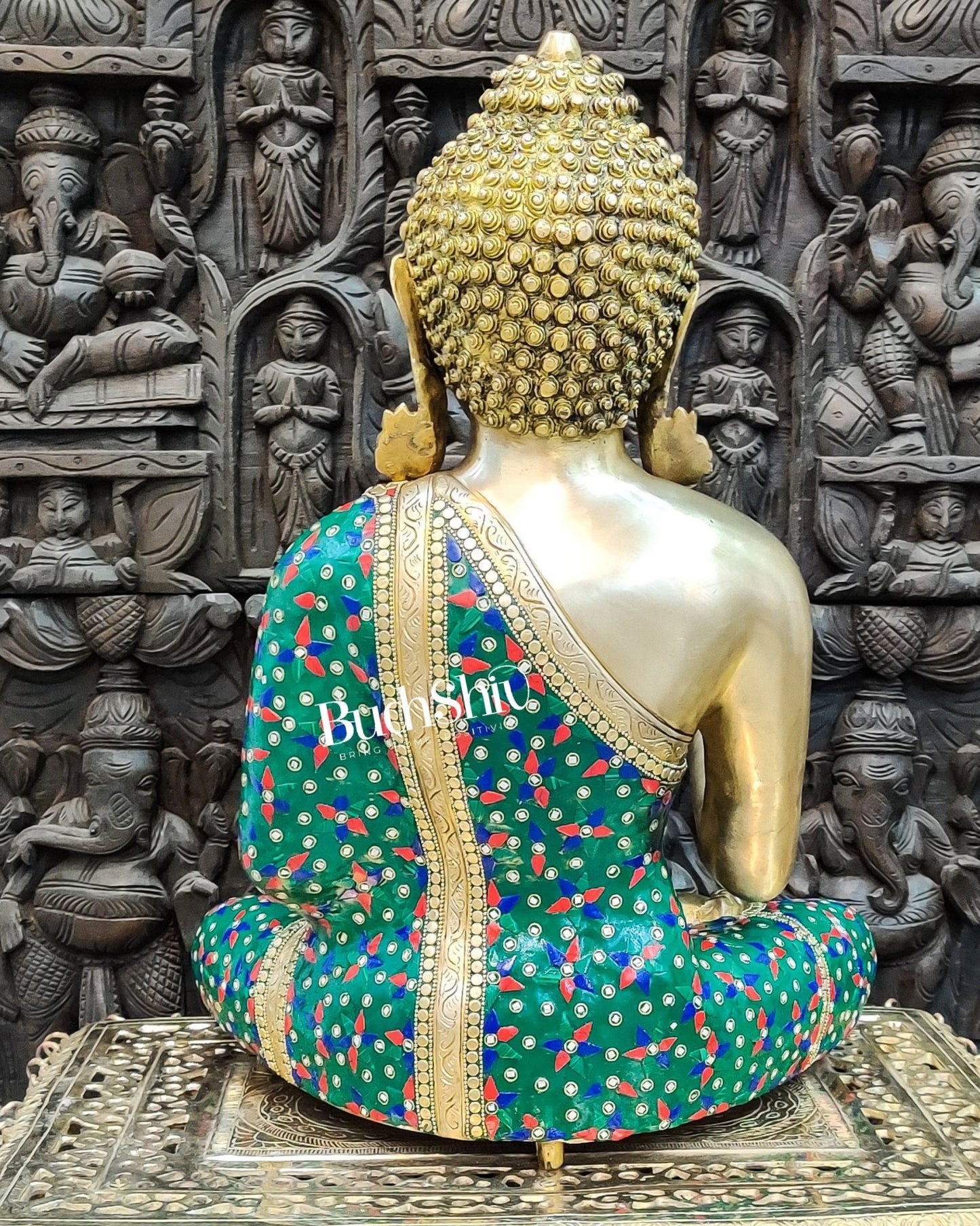 Blessing Buddha Brass Idol with Medicine Bowl - 20 Inches with Stone Work | BudhShiv - Budhshiv.com