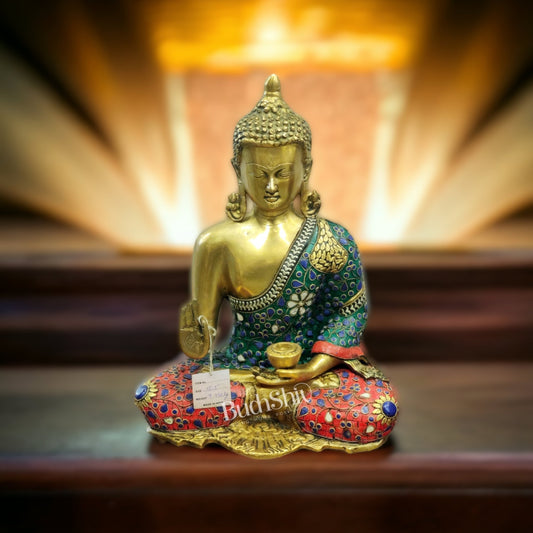 Blessing Buddha Brass Idol with Stonework Online - 16 inches - Budhshiv.com
