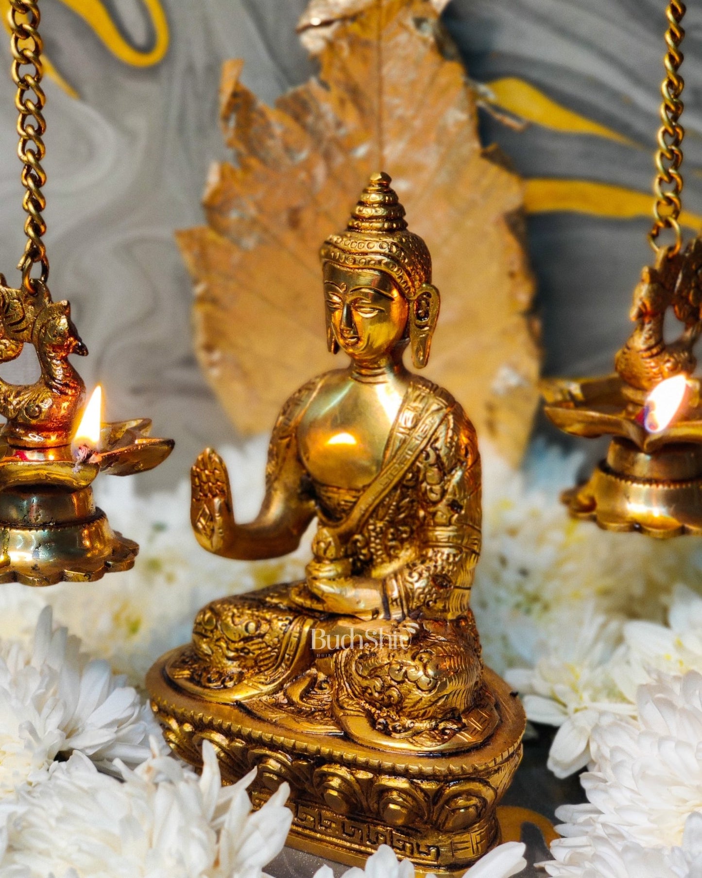 Blessing Buddha Statue: Fine Brass and Perfection Carved 7 inch - Budhshiv.com