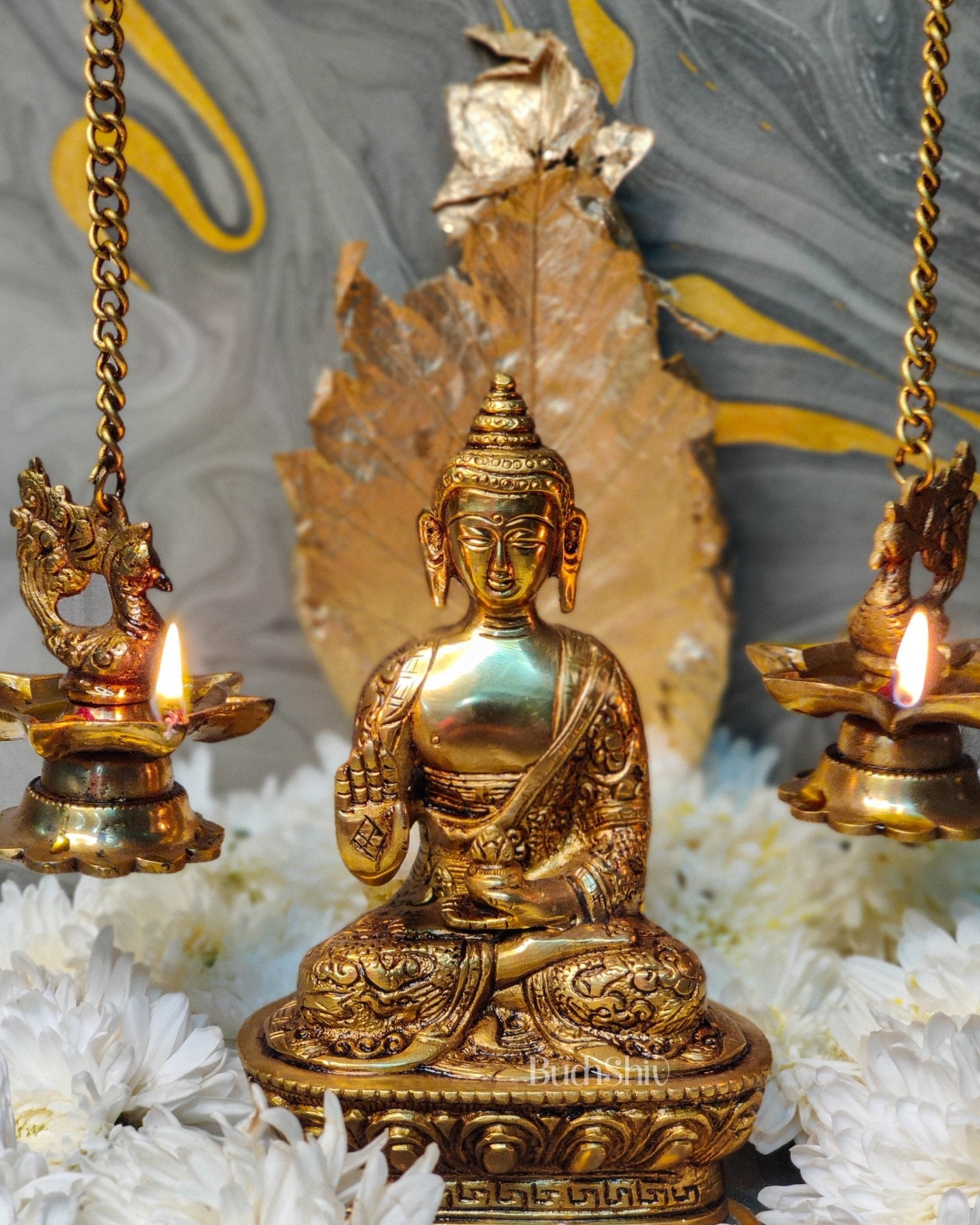 Blessing Buddha Statue: Fine Brass and Perfection Carved 7 inch - Budhshiv.com
