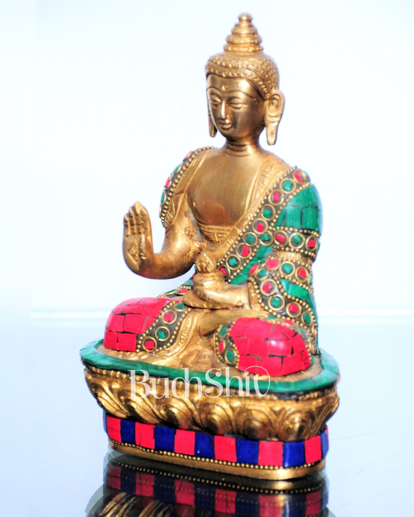 Blessing Buddha Statue: Fine Brass with Natural Stones 7 inch - Budhshiv.com