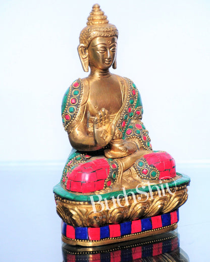 Blessing Buddha Statue: Fine Brass with Natural Stones 7 inch - Budhshiv.com