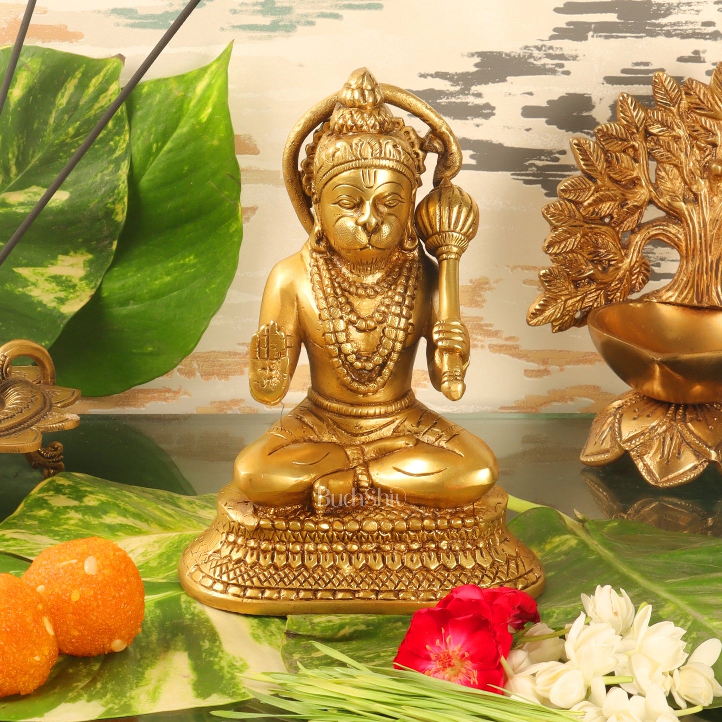 Brass Aashirwaad Blessing Hanuman idol 7" - Budhshiv.com