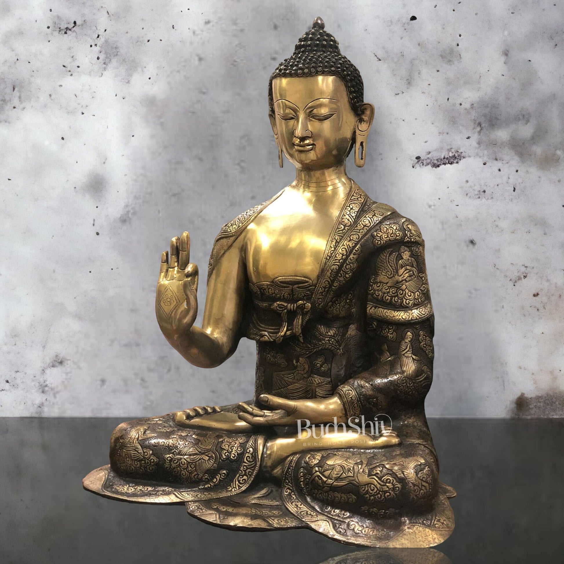 Brass Abhaya Mudra life-Story Buddha Statue 28" - Budhshiv.com