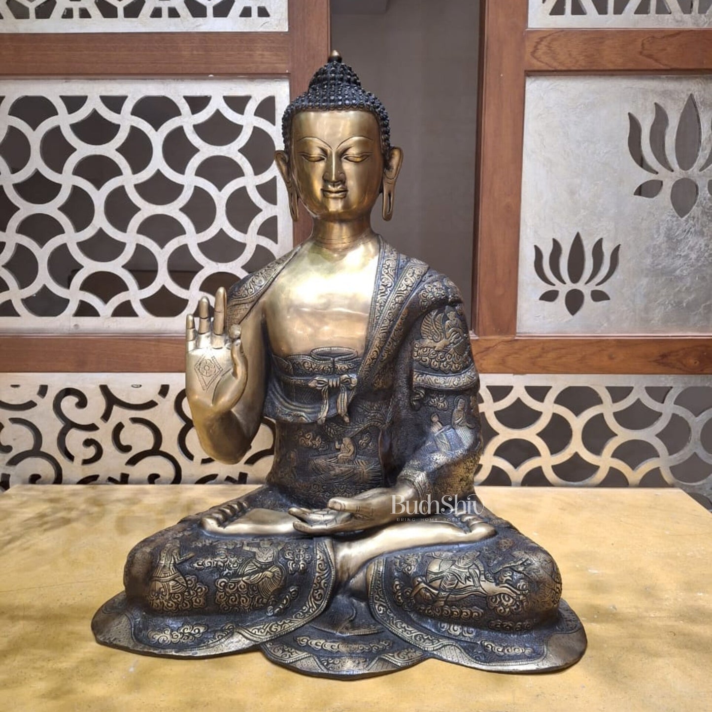 Brass Abhaya Mudra life-Story Buddha Statue 28" - Budhshiv.com