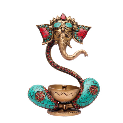 Brass Abstract Ganesha Diya with Engraved Design and Stonework - BudhShiv - Budhshiv.com